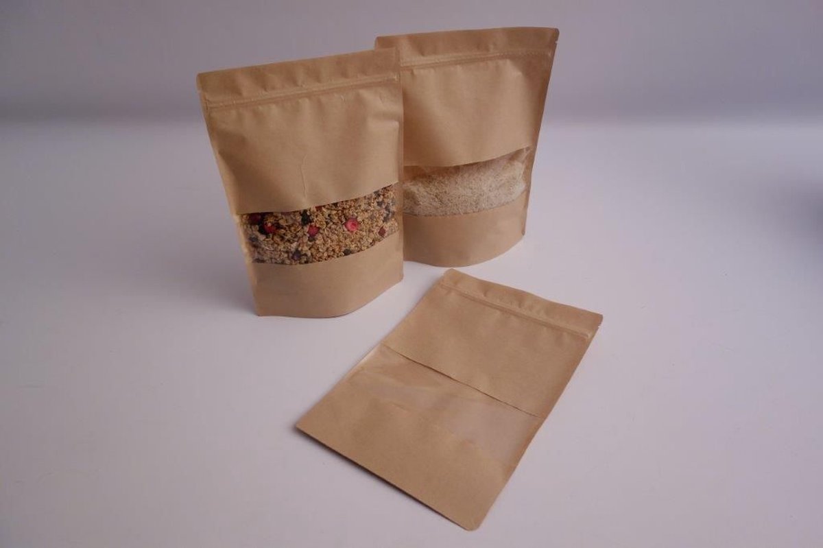 Stazak, Doypack, kraft, 21x31x2x5cm, met venster, per 500 stuks