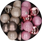 24x stuks kunststof kerstballen mix van champagne en roze 6 cm - Kerstversiering