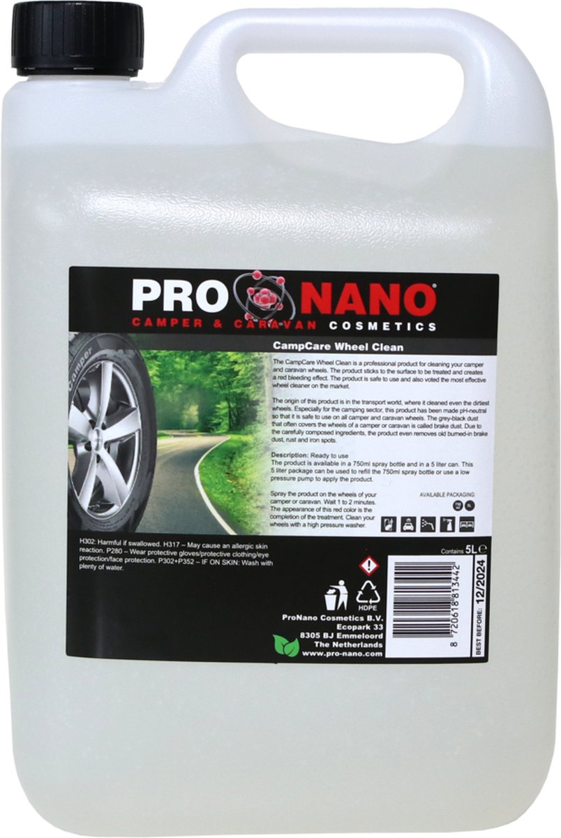 ProNano | CampCare Camper- & Caravan reinigers | Wheel Clean 5L | Nano Technologie | Professioneel product voor het reinigen van uw camper- en caravanwielen | Het product plakt aan het te behandelen oppervlak en zorgt voor een rood bloedend effect
