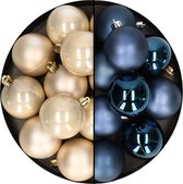 24x stuks kunststof kerstballen mix van donkerblauw en champagne 6 cm - Kerstversiering