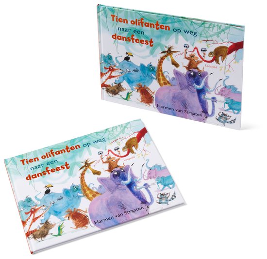 Twee exemplaren van het kinderboek "Tien olifanten op weg naar een dansfeest" op een witte achtergrond.
