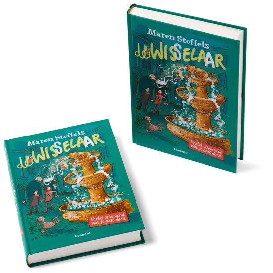 Twee exemplaren van het boek "De Wisselaar" van Maren Stoffels. De voorpagina toont een fontein met spuitende kinderen.