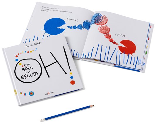Een wit boek ligt open naast een potlood, met de titel "OH! EEN BOEK VOL GELUID". Een ander boek is geopend en toont tekeningen van monsters.