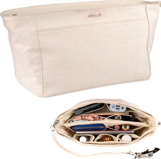 Serra Fé - tas organizer voor middelgrote handtas - bag in bag - 100% katoen - 12 vakken - hoogwaardig - geschikt voor handtas ca. 30-40 cm lengte en 10 - 20 cm breedte