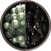 74x morceaux de boules de Noël en plastique mélange de noir et vert menthe 6 cm - Décorations de Noël