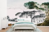 Behang - Fotobehang Italiaans landschap parasoldennen - Kunst - Hendrik Voogd - Schilderij - Zwart wit - Oude meesters - Breedte 400 cm x hoogte 300 cm