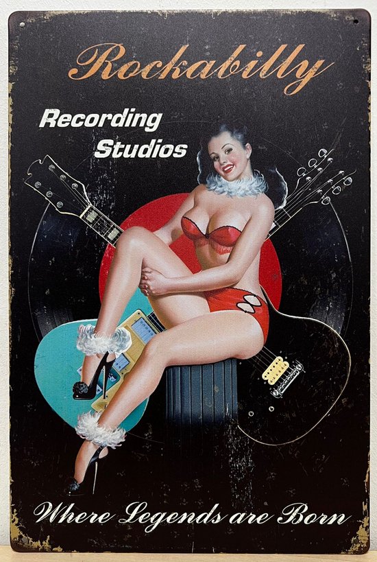 Rockabilly Recording studio pinup gitaar Reclamebord van metaal METALEN-WANDBORD - MUURPLAAT - VINTAGE - RETRO - HORECA- BORD-WANDDECORATIE -TEKSTBORD - DECORATIEBORD - RECLAMEPLAAT - WANDPLAAT - NOSTALGIE -CAFE- BAR -MANCAVE- KROEG- MAN CAVE