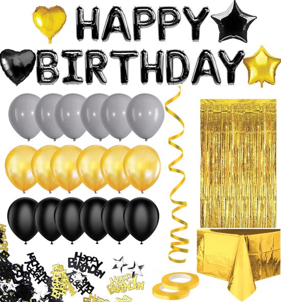 Feestio Ballonnen Verjaardag Versiering met Tafelkleed en Slingers - Helium - Zwart Goud