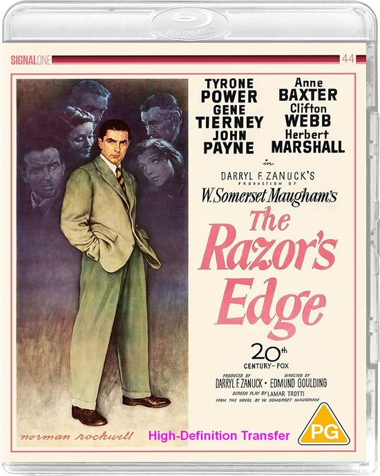 Blu-ray hoes van "The Razor's Edge" met in het midden een man in een pak en op de achtergrond schaduwen van gezichten. Tekst: "The Razor's Edge", "PG".