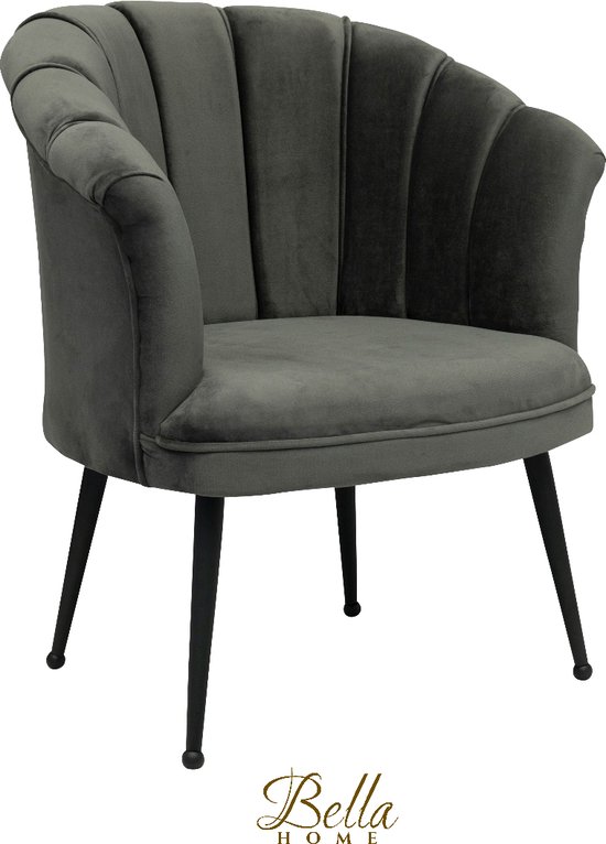 Bella Home Mila - Fauteuil - Velvet - Schelp - Grijs met zwarte poten