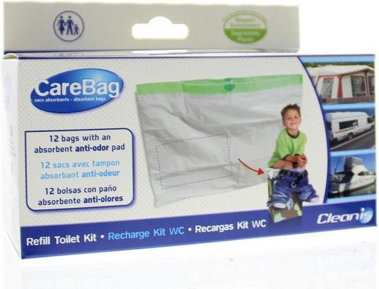 Doos met 12 CareBag hervulzakken voor droogtoilet. Groene rand bovenaan de zak.