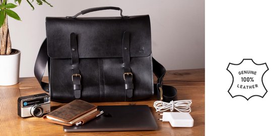 Laptop tas -  schoudertas leer -  schoudertas zwart - handgemaakte schoudertas - schoudertas laptop