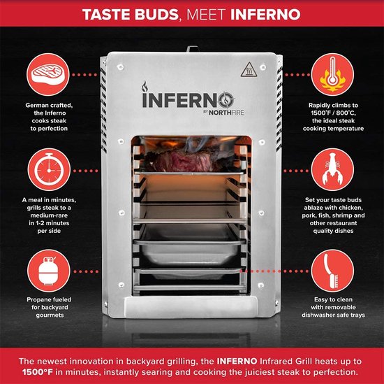Inferno Northfire grill barbecue infrarood op gas aluminium 16 kilo ingebouwde opvangschaal tafel/camping barbecue - Inferno Northfire