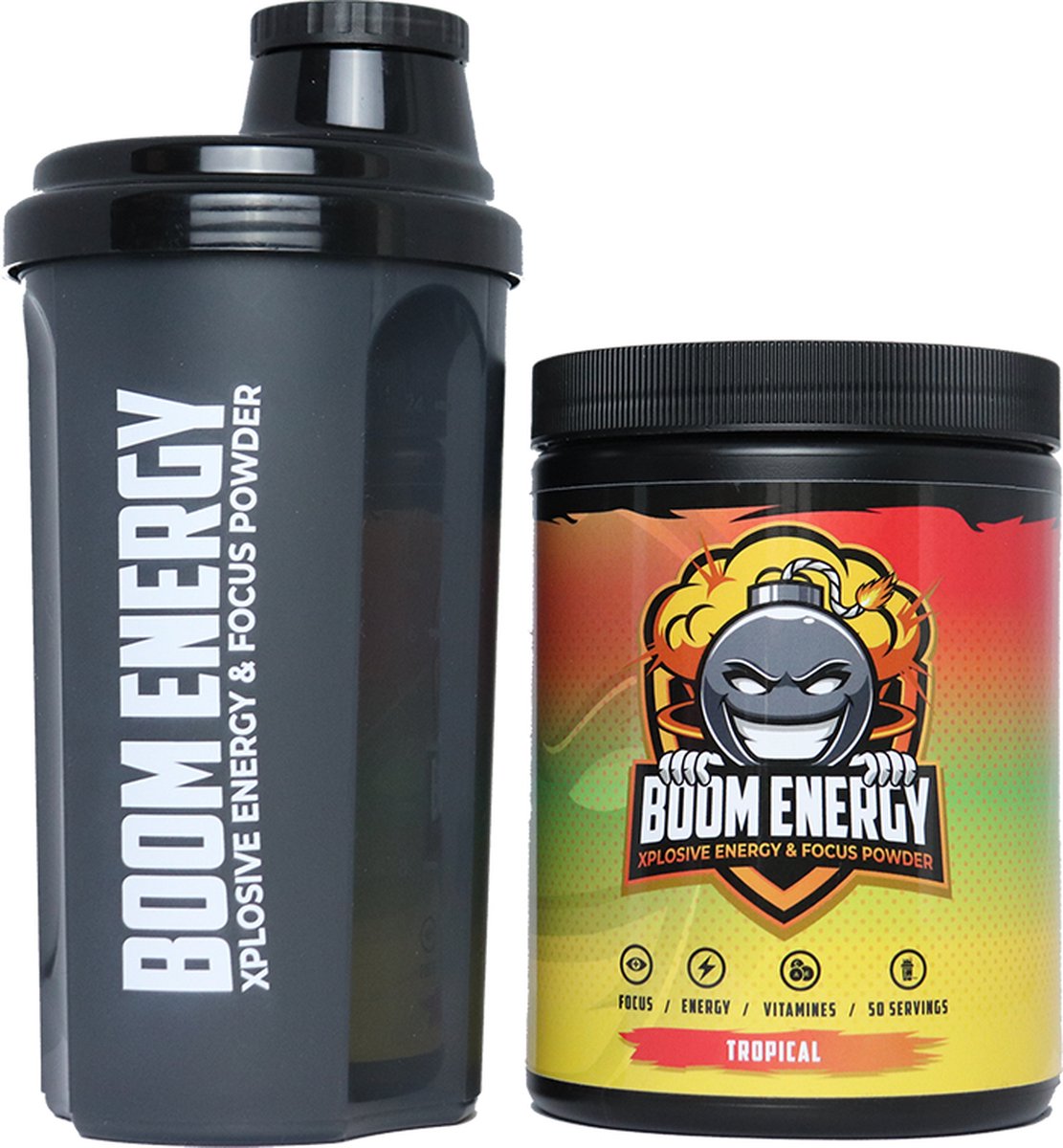 Boom Energy Tropical met shaker - Suikervrije Gaming Energy drink - Pre workout - 50 servings