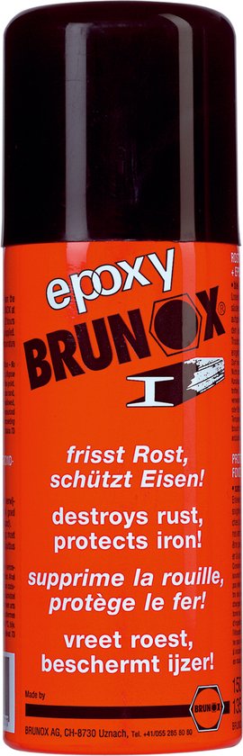 Oranje spuitbus met zwarte dop, met Epoxy BRUNOX en "frisst Rost, schützt Eisen!"
