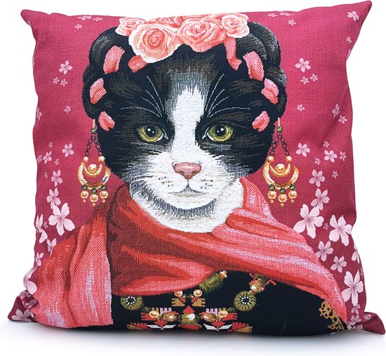 Sierkussen Kat - Katten Kussenhoes - Frida Kahlo - Rood - 45x45 cm - Katten Kussen