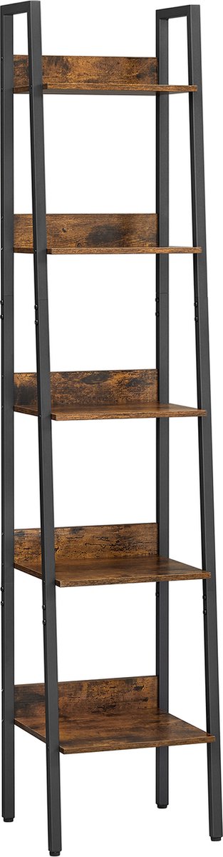 Hoppa! boekenkast - ladder plank met 5 planken - 34 x 30 x 170 cm (LxBxH) - metalen frame - industrieel ontwerp - vintage bruin-zwart