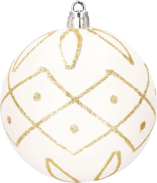 Witte kerstbal met gouden ruitjes en stippenpatroon, afgewerkt met glitter.