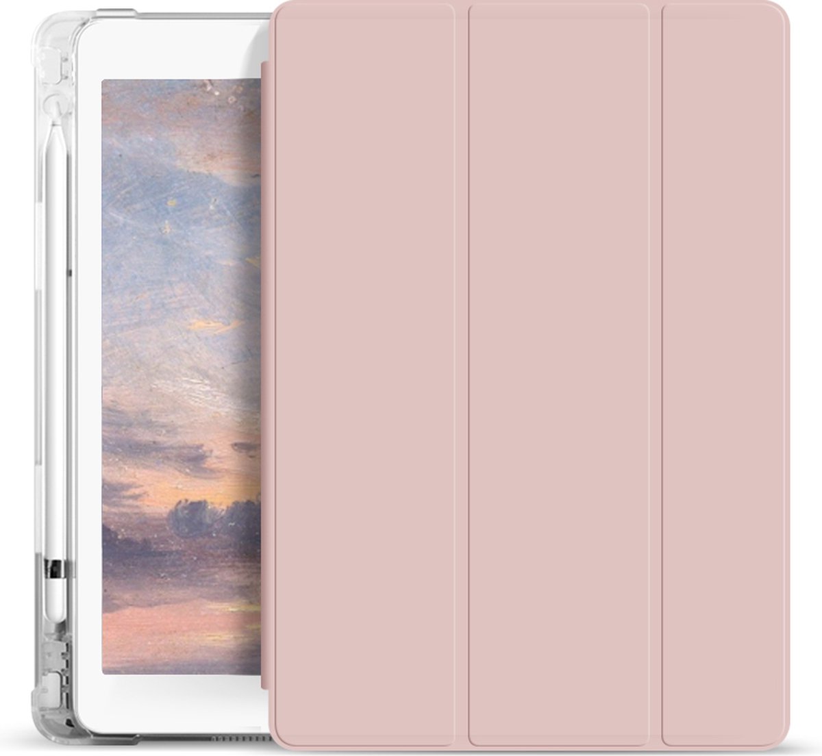 OMAZU Trifold anti-shock tablethoes geschikt voor Apple iPad Pro 12,9” (2020)(2021) met handige Apple pencil houder,en transparante achterkant – Sleeve kleur Roze
