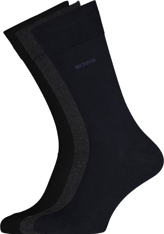 BOSS regular socks (3-pack) - herensokken katoen - zwart - grijs en blauw - Maat: 39-42