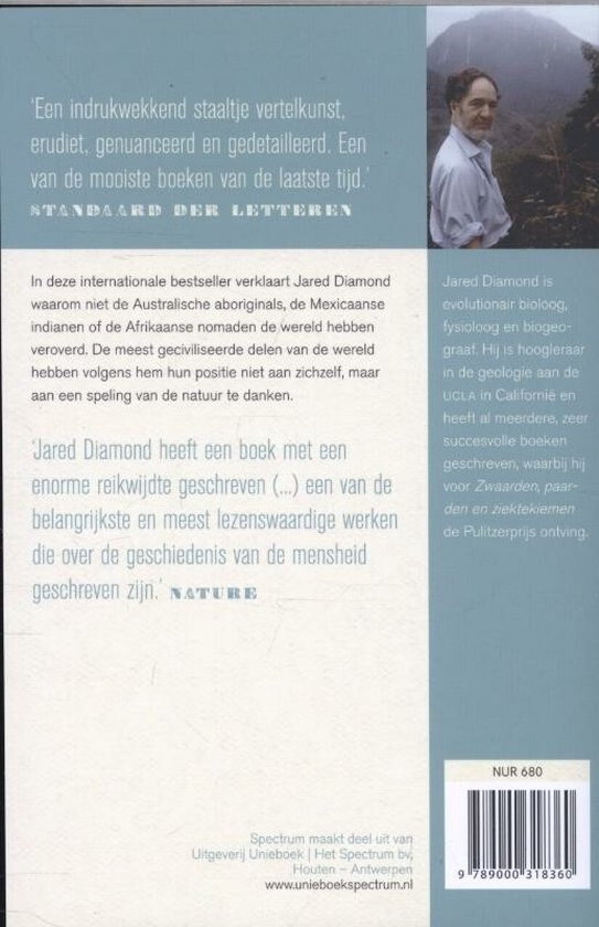 Achterkant boek met een foto van Jared Diamond en tekst over de inhoud. Catalogusnummer NUR 680.