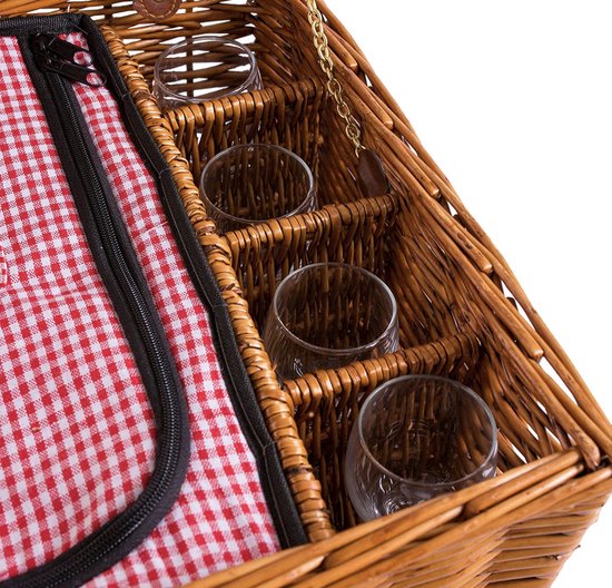 eGenuss 2 Rieten Picknickmanden voor 2 Personen met Isothermisch Compartiment en Inclusief Accessoires - Rood en Wit Geruit Patroon 34.5 x 26 x 16 cm