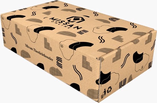 Bruine kartonnen doos met 'Missan Online' logo en abstracte zwarte patronen.