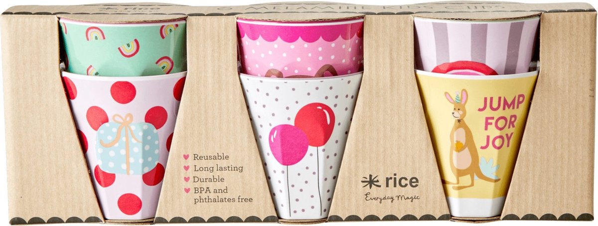 Rice - 6 Pcs Small Melamine Kids Cups - Pink Party Animal Prints