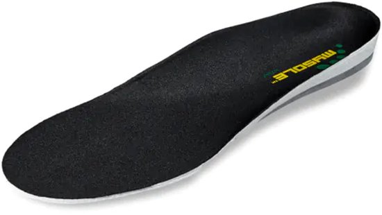 Semelle intérieure MYSOLE noire avec empreintes de pattes vertes et texte.