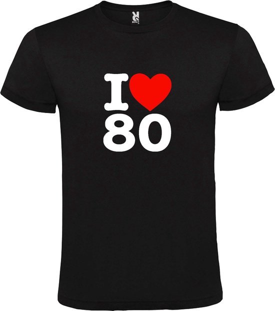 Zwart T shirt met  I love (hartje) the 80's (eighties)  print Wit en Rood size S