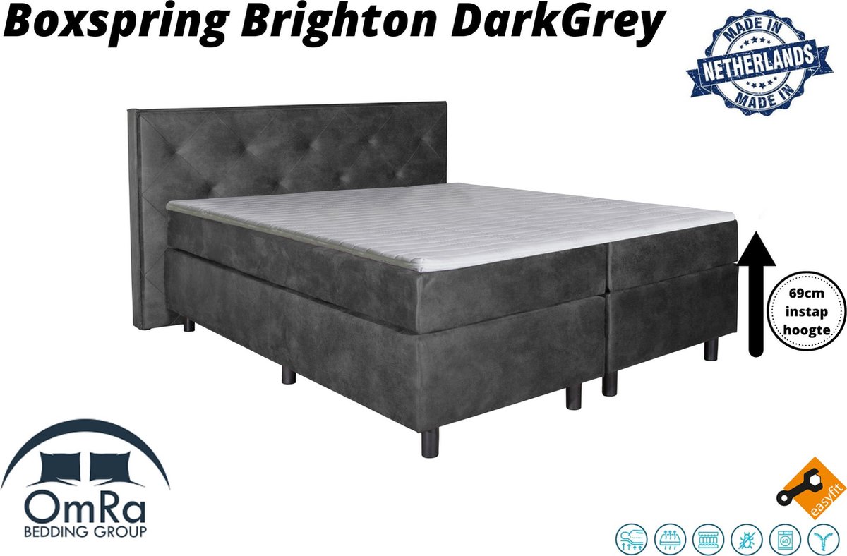 Omra - Complete boxspring - Brighton Dark grey - 120x210 cm - Inclusief Topdekmatras - Hotel boxspring
