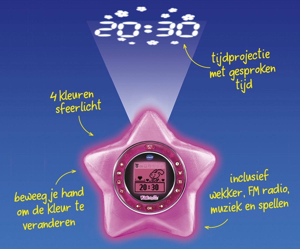 VTech KidiDreams KidiMagic Starlight - Kinderwekker Digitaal - 5 in 1 Wekker met projectie - Roze - 6 tot 12 Jaar — afbeelding 6