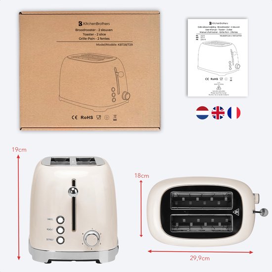 KitchenBrothers Retro Broodrooster - Toaster - 6 Warmteniveaus - 2 Extra Brede Sleuven - 815W - Beige - KitchenBrothers