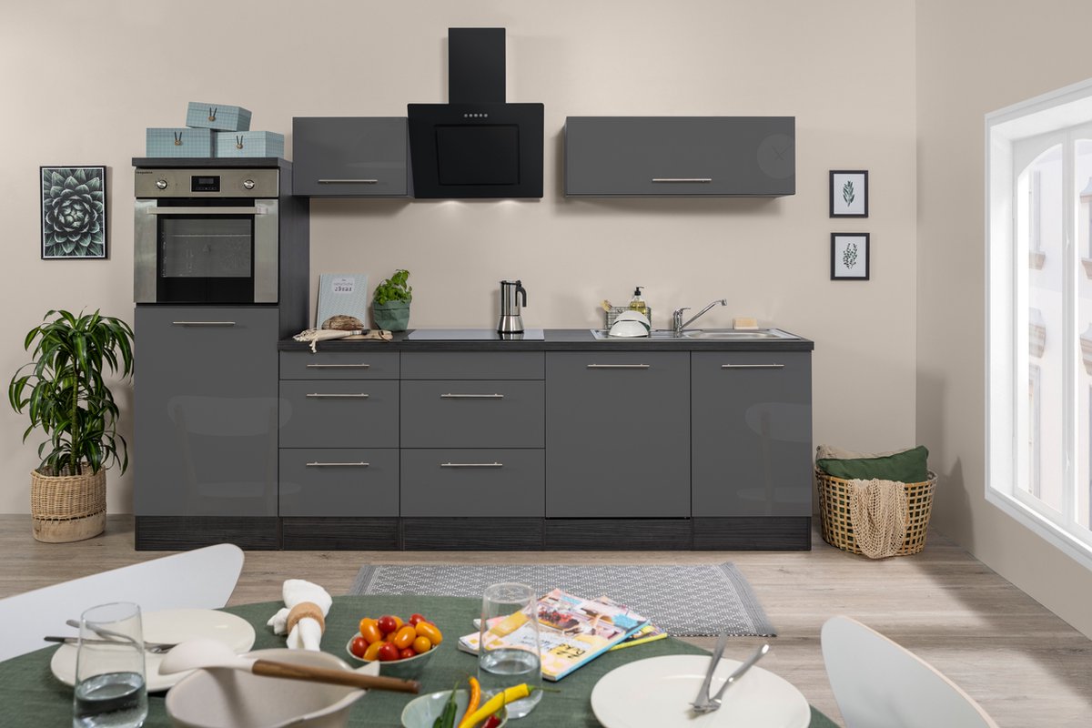 Goedkope keuken 280 cm - complete keuken met apparatuur Amanda - Eiken grijs/Grijs - soft