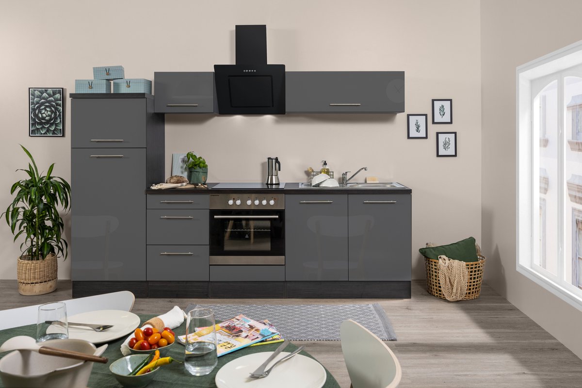 Goedkope keuken 270 cm - complete keuken met apparatuur Amanda - Eiken grijs/Grijs - soft close - keramische kookplaat - afzuigkap - spoelbak