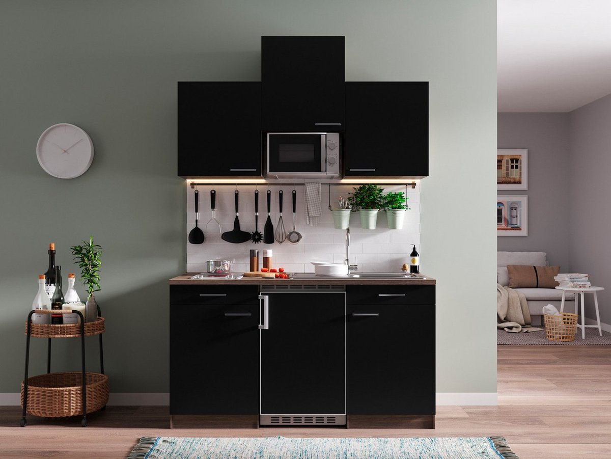 Goedkope keuken 150 cm - complete kleine keuken met apparatuur Oliver - Donker eiken/Zwart - keramische kookplaat - koelkast - magnetron - mini keuken - compacte keuken - keukenblok met apparatuur