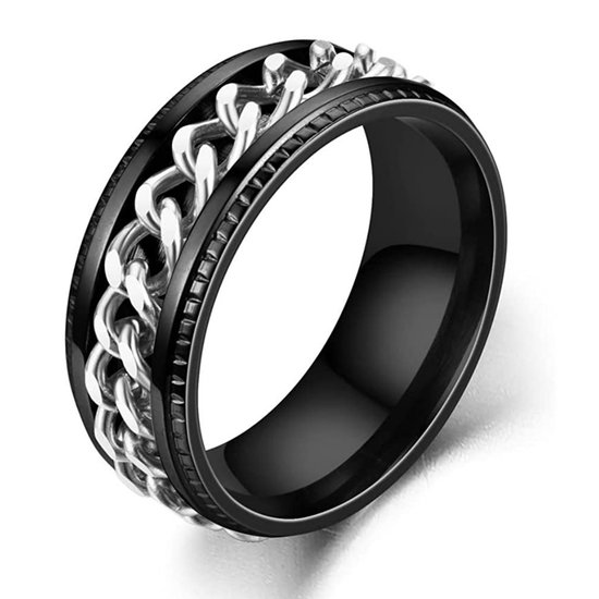 Anxiety Ring - (Ketting) - Stress Ring - Fidget Ring - Anxiety Ring For Finger - Draaibare Ring - Spinning Ring - Zwart-Zilver kleurig RVS - (19.25mm / maat 60)