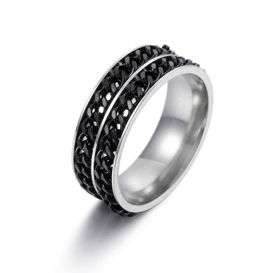 Anxiety Ring - (Dubbele Ketting) - Stress Ring - Fidget Ring - Anxiety Ring For Finger - Draaibare Ring - Spinning Ring - Zwart-Zwart kleurig RVS - (21.25mm / maat 67)