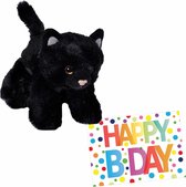 Pluche knuffel kat/poes zwart van 18 cm met A5-size Happy Birthday wenskaart - Verjaardag cadeau setje