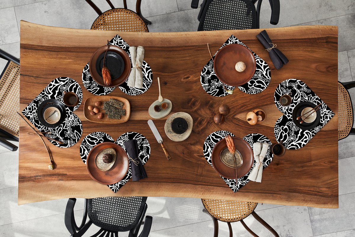 Onderleggers - Placemats - Placemats hartje - Patronen - Bloem - Zwart Wit - 6 stuks