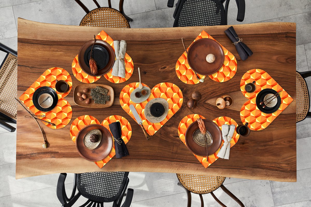 Onderleggers - Placemats - Placemats hartje - Oranje - Patronen - 3D - 8 stuks
