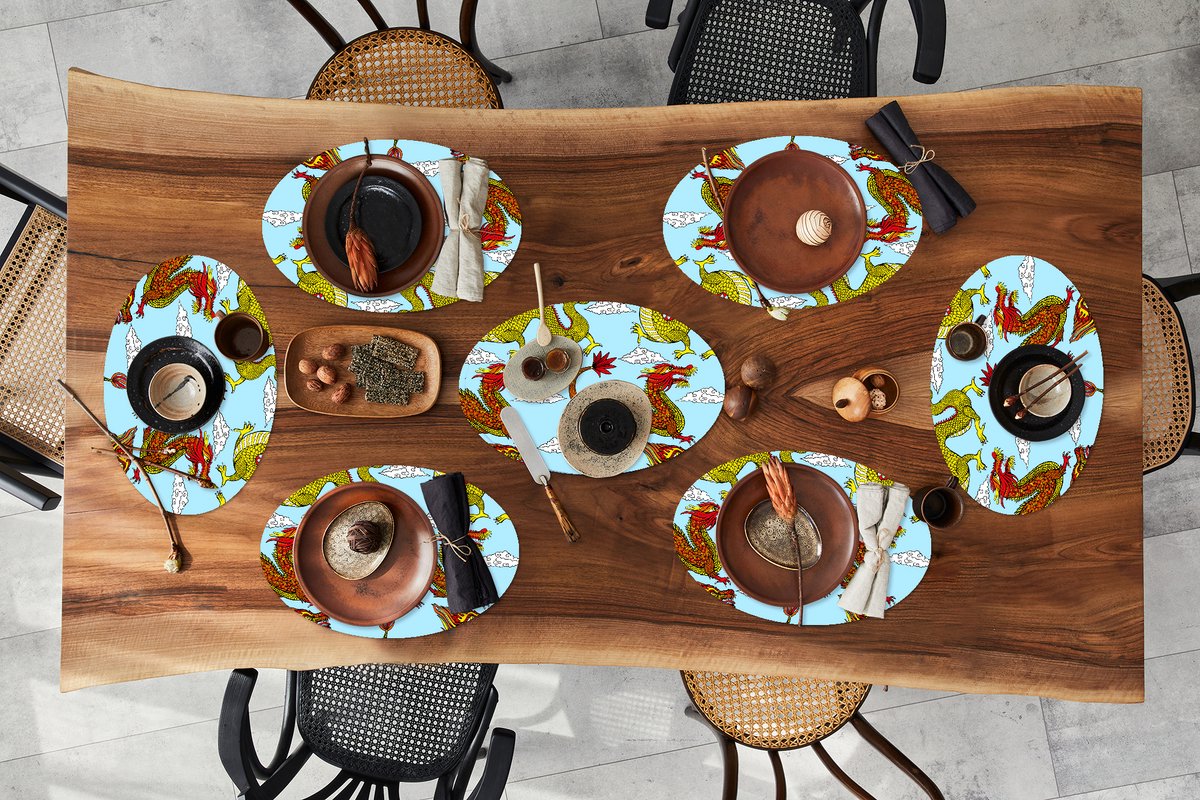 Placemats ovaal - Onderleggers - Ovale placemats - Draak - Chinees - Patronen - 8 stuks