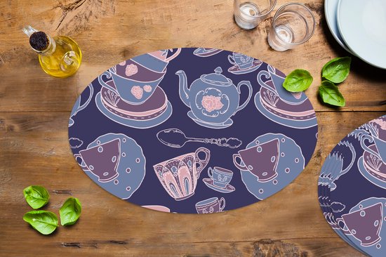 Napperons de table ovales - Dessous de verre - Sets de table ovales - Motif - Thee - Tasse - Théière - 6 pièces