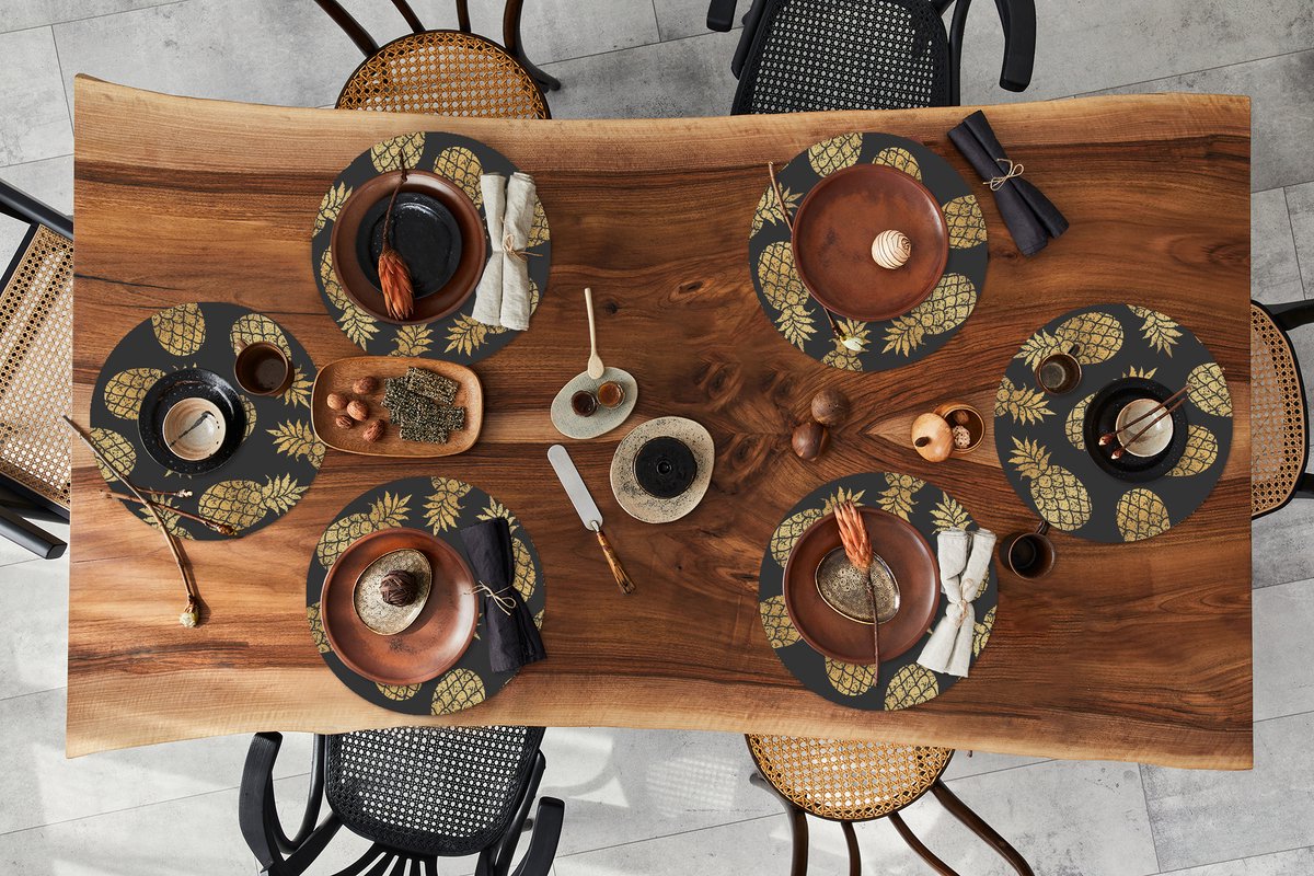 Ronde placemats - Onderlegger - Placemats rond - Ananas - Goud - Luxe - Patronen - 6 stuks