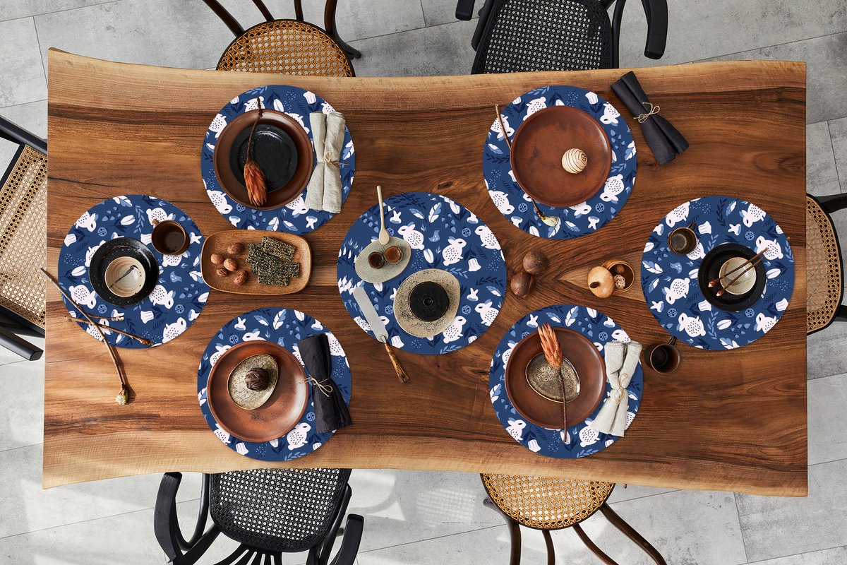 Ronde placemats - Onderlegger - Placemats rond - Konijnen - Scandinavië - Patronen - 10 stuks