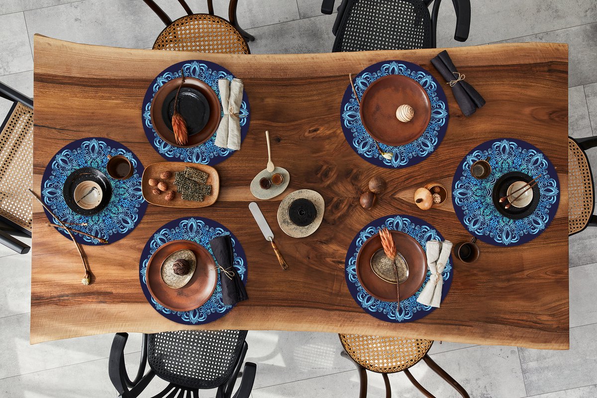 Ronde placemats - Onderlegger - Placemats rond - Mandala - Blauw - Patronen - 6 stuks