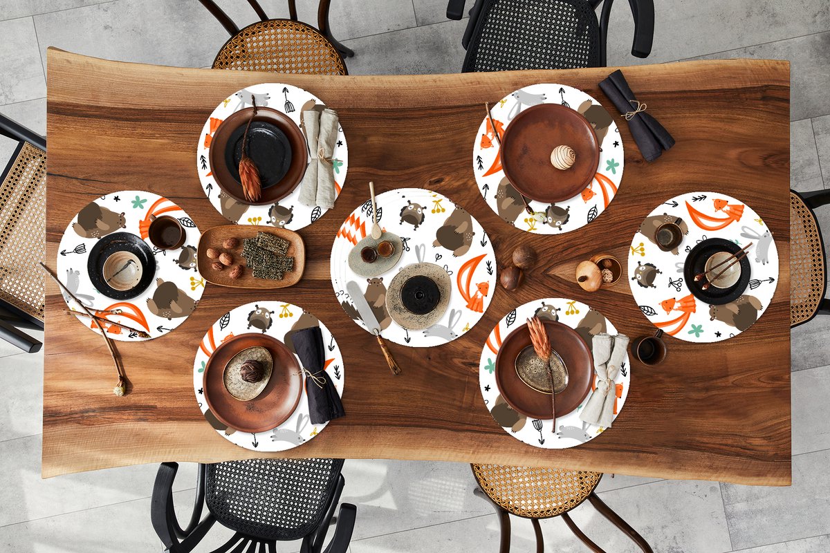 Ronde placemats - Onderlegger - Placemats rond - Dieren - Bos - Patroon - 10 stuks