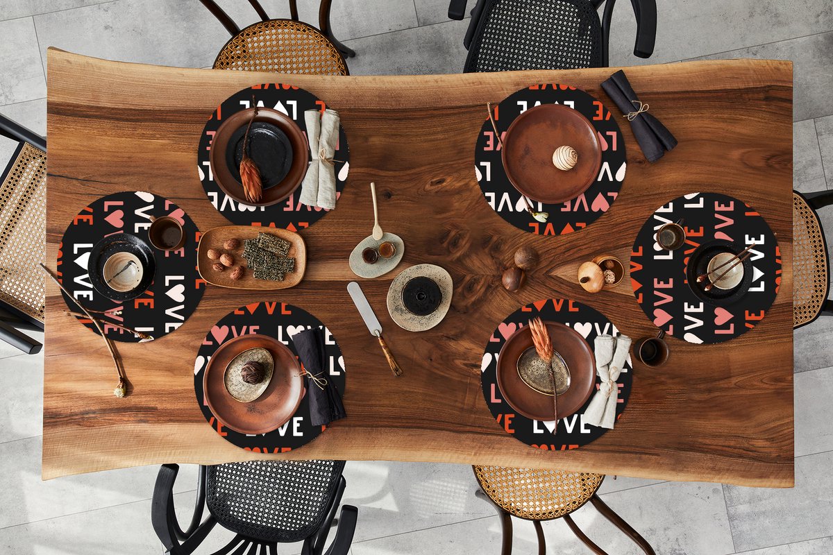 Ronde placemats - Onderlegger - Placemats rond - Romantisch - Valentijn - Love - Patronen - 6 stuks