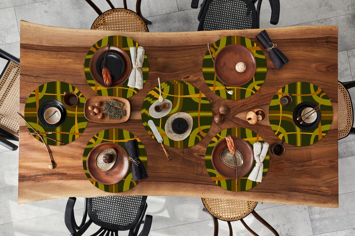 Ronde placemats - Onderlegger - Placemats rond - Jaren 70 - Retro - Groen - 10 stuks