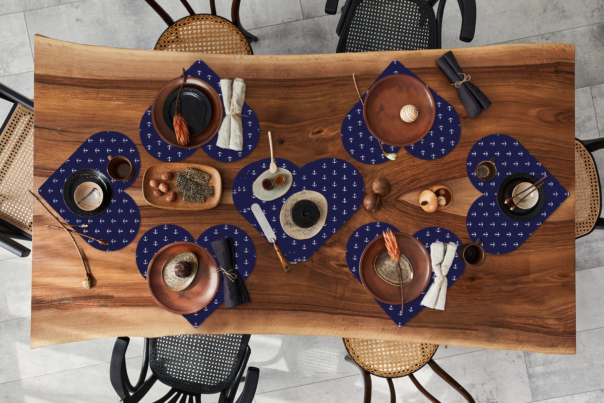 Onderleggers - Placemats - Placemats hartje - Patroon - Strand - Zee - Anker - 10 stuks